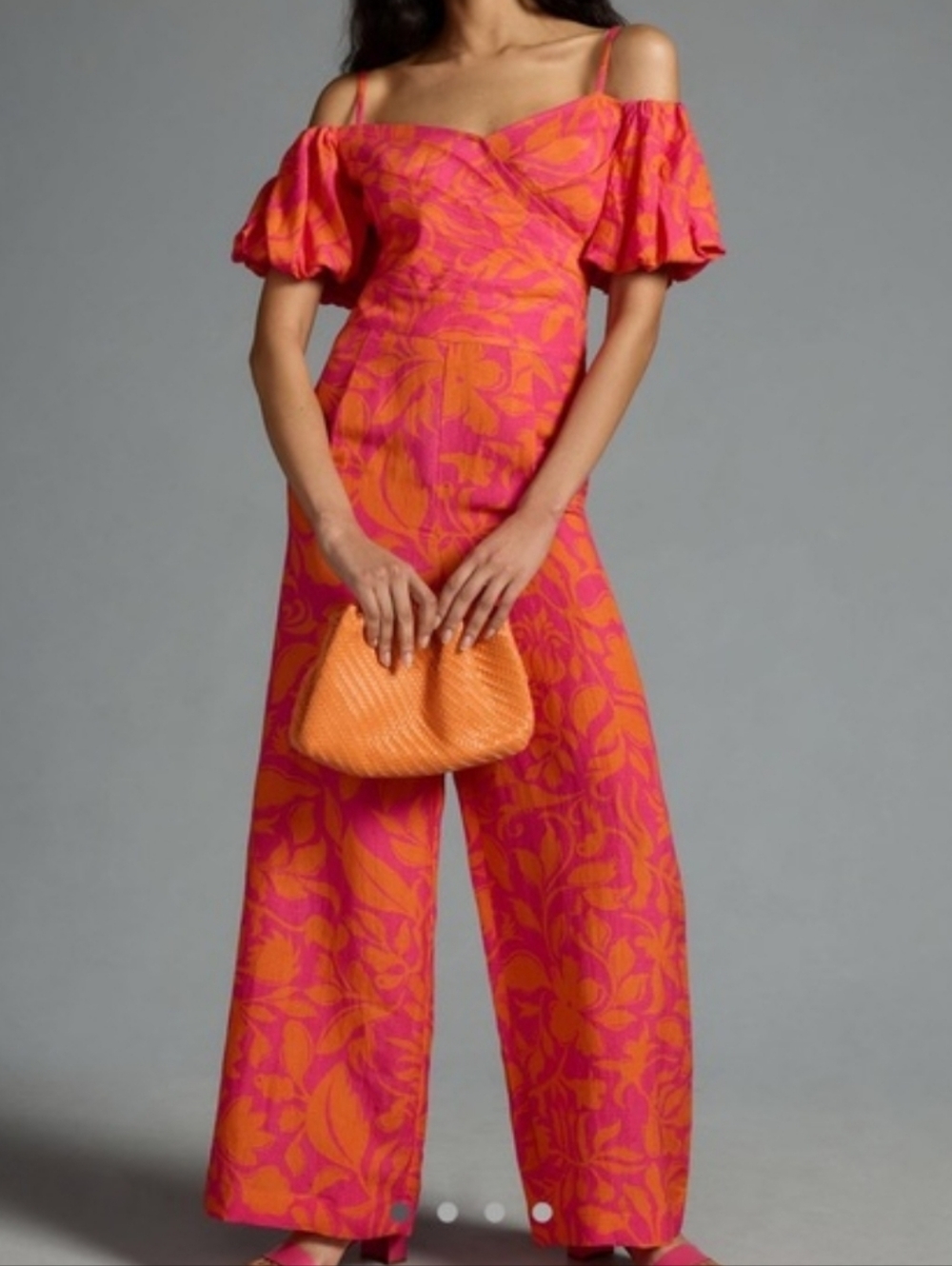 Anthropologie Ranna Gill Pink & Orange Off-Shoulder Floral Wide-Leg Jumpsuit